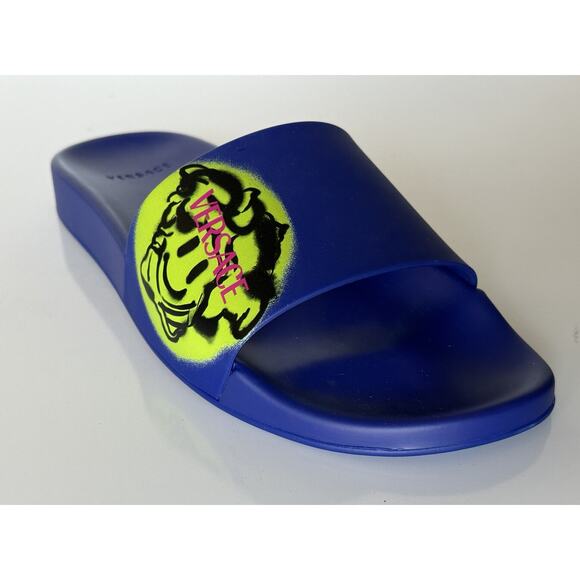 Versace Smiley Medusa Slides Sandals Blue/Lime 10 US (43 Eu) DSU6516 IT NIB $450 - Picture 2 of 13